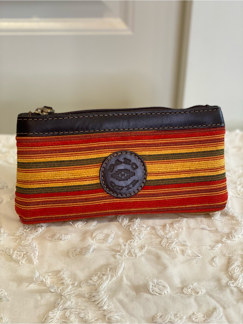 New!  Striped Red & Yellow Fabric Textured Zip Pouch with Leather Trim